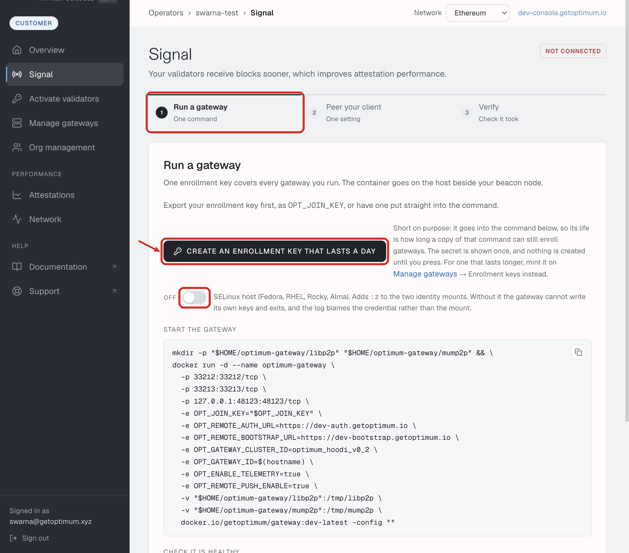Signal, Run a gateway. The one-day enrollment key and the SELinux switch are marked.