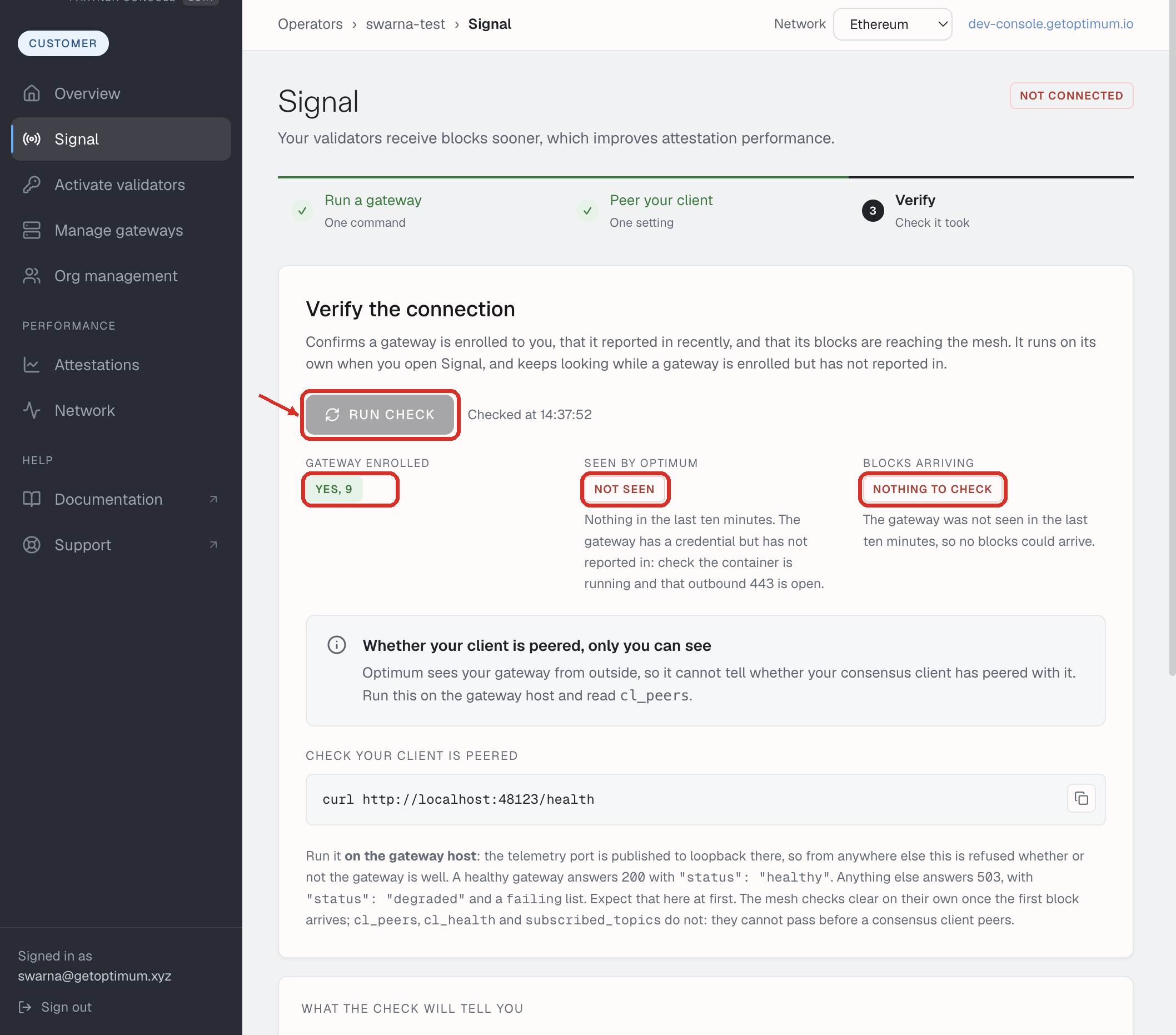Verify the connection. Run check is marked, and the three rows read Yes, 9, Not seen, and Nothing to check.