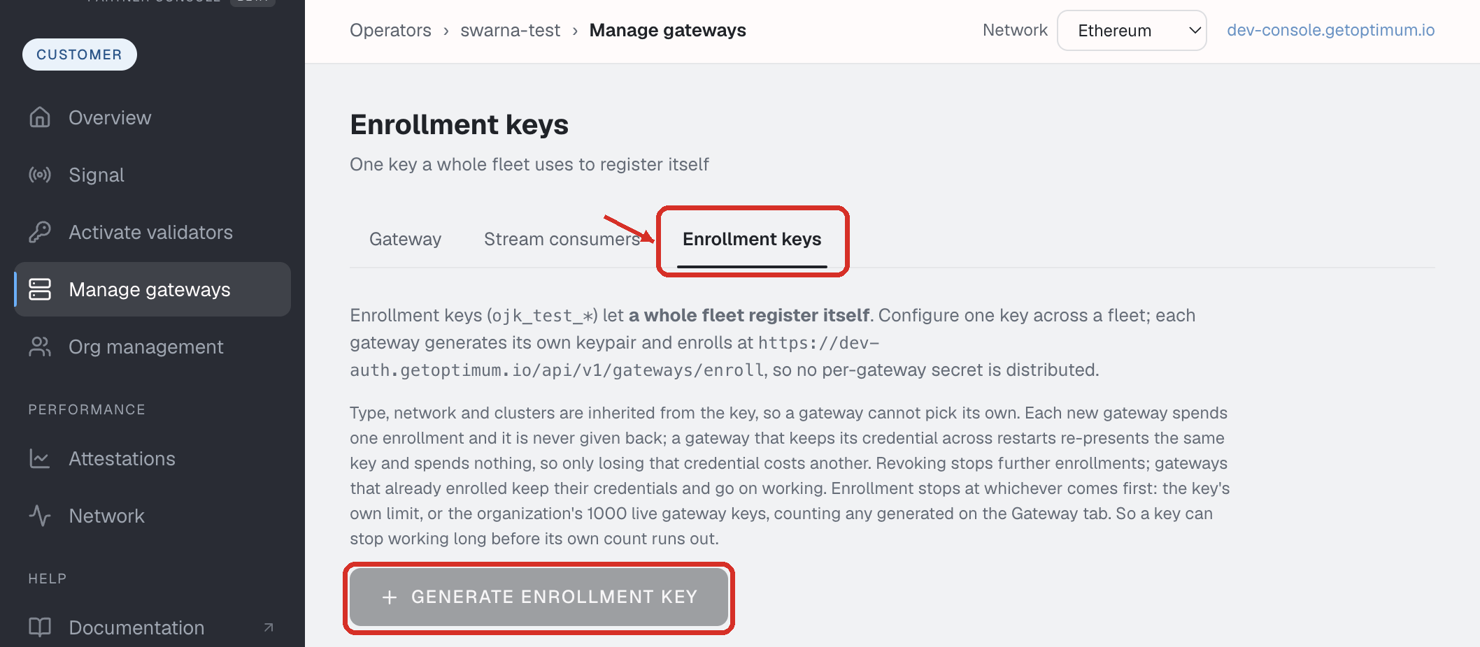 Manage gateways, Enrollment keys. Generate enrollment key is marked.