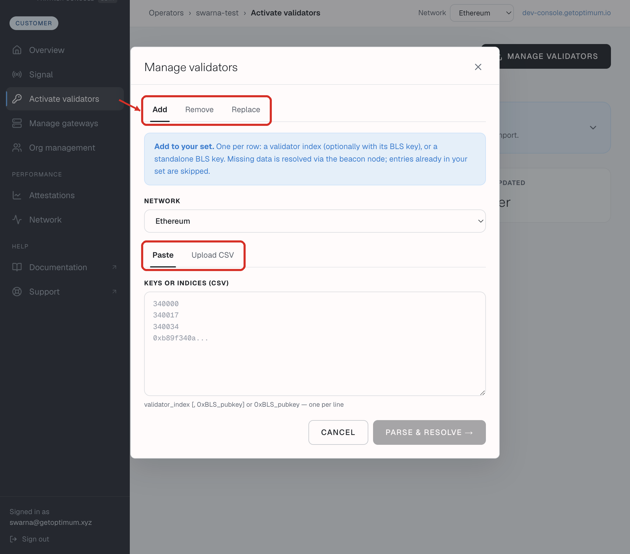 Manage validators. Add, Remove, Replace, Paste, and Upload CSV are marked.
