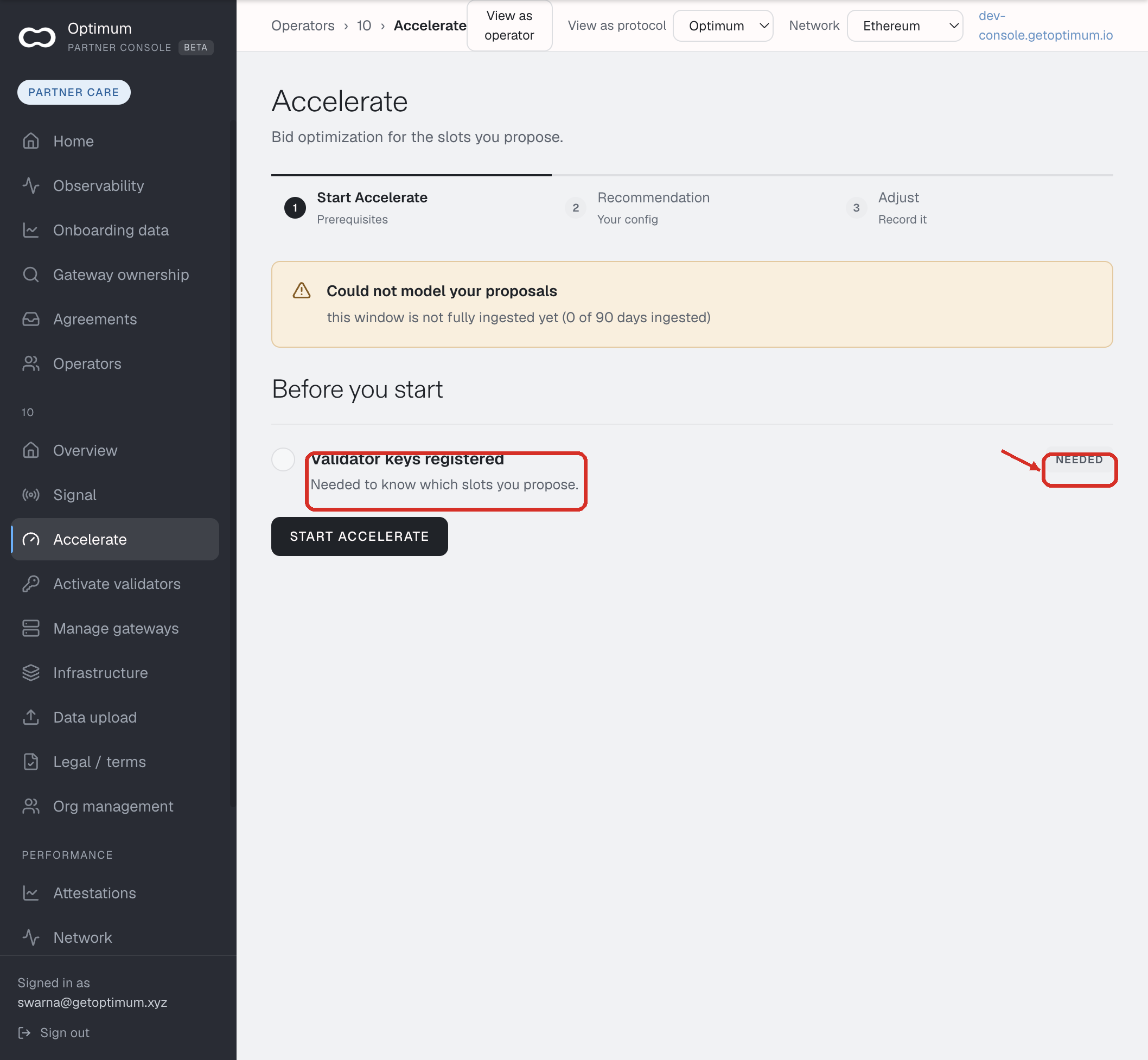 Accelerate, Before you start. Validator keys registered is marked, and its state is Needed.