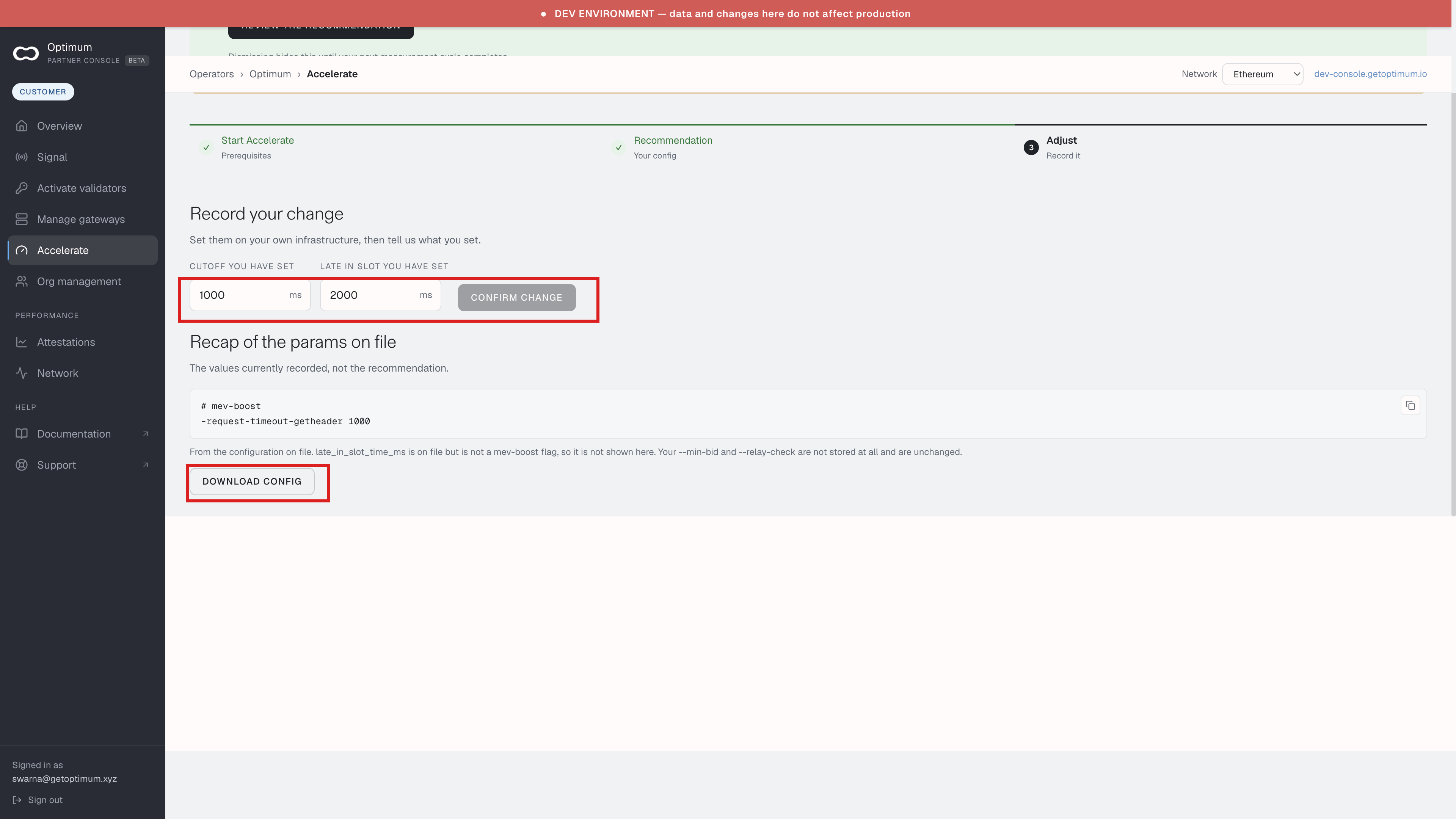 Accelerate, Adjust. Cutoff you have set, Confirm change, and Download config are marked.